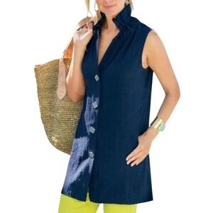 Soft Surroundings Navy Island Time Tunic Top Sleeveless Ruffle Collar Size Small